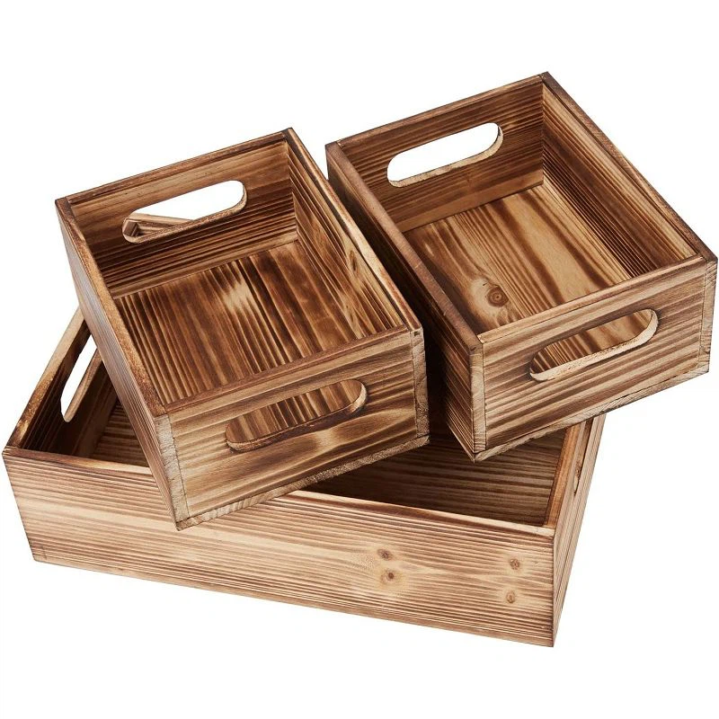 Set o 3 cratiau pren addurnol y gellir eu stacio